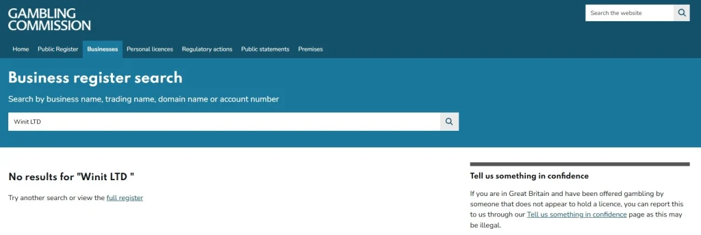 UK Gambling Commission public register search used to check Winit licence status