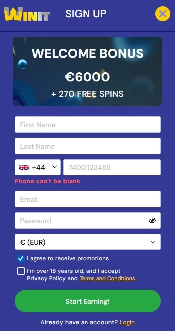 Current Winit account registration screen