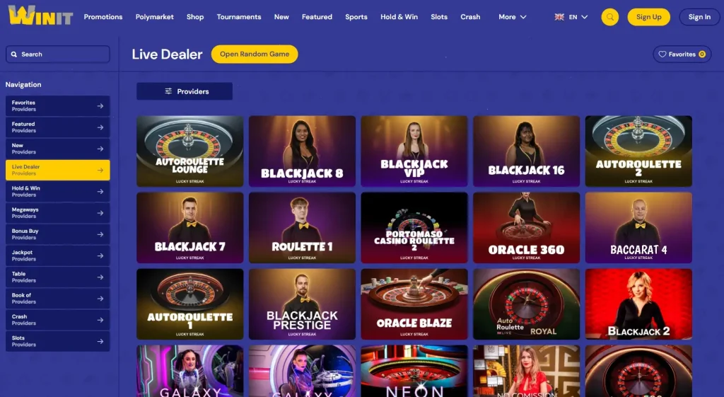 Current Winit live casino lobby