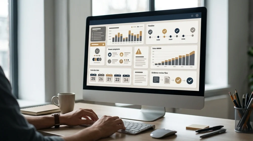 Editorial dashboard showing complaint themes, dates and verification markers
