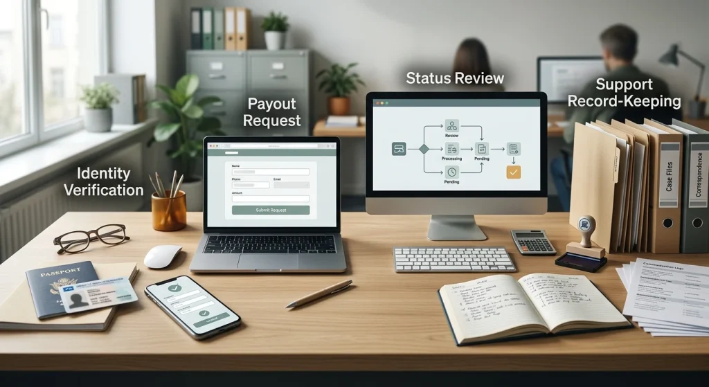 Editorial withdrawal checklist showing verification, payout request and support stages