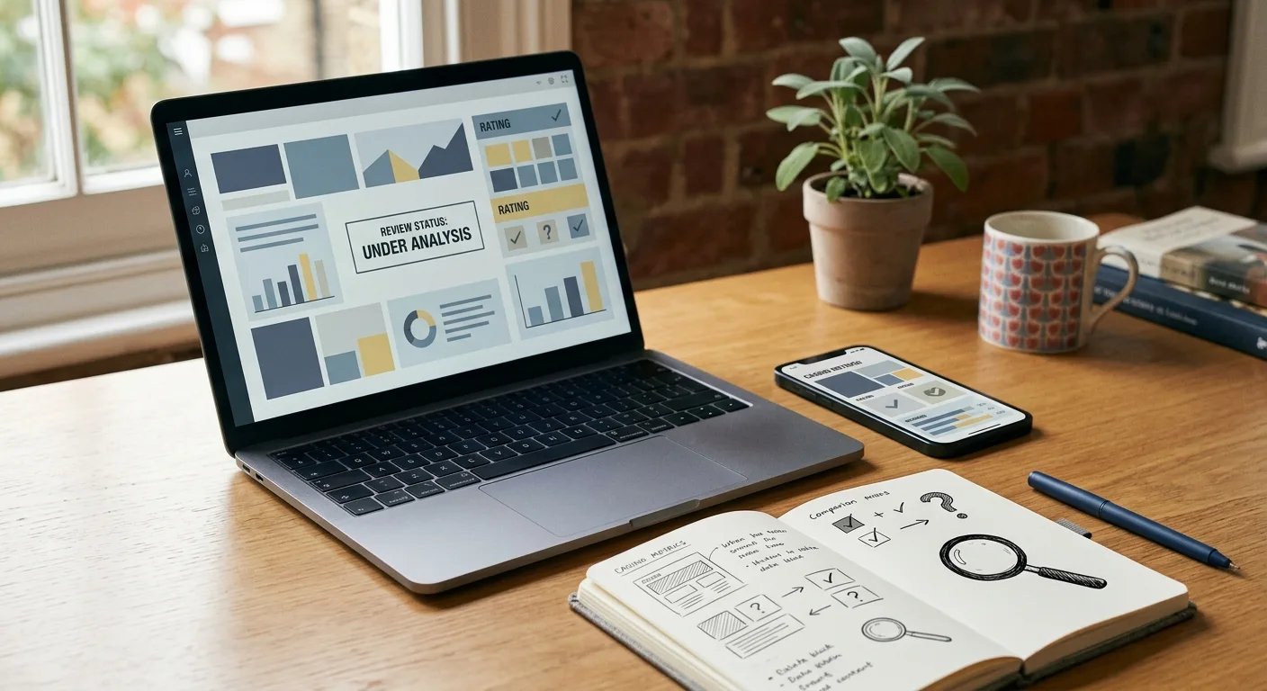Editorial casino review workspace with desktop and mobile screens represented without brand logos
